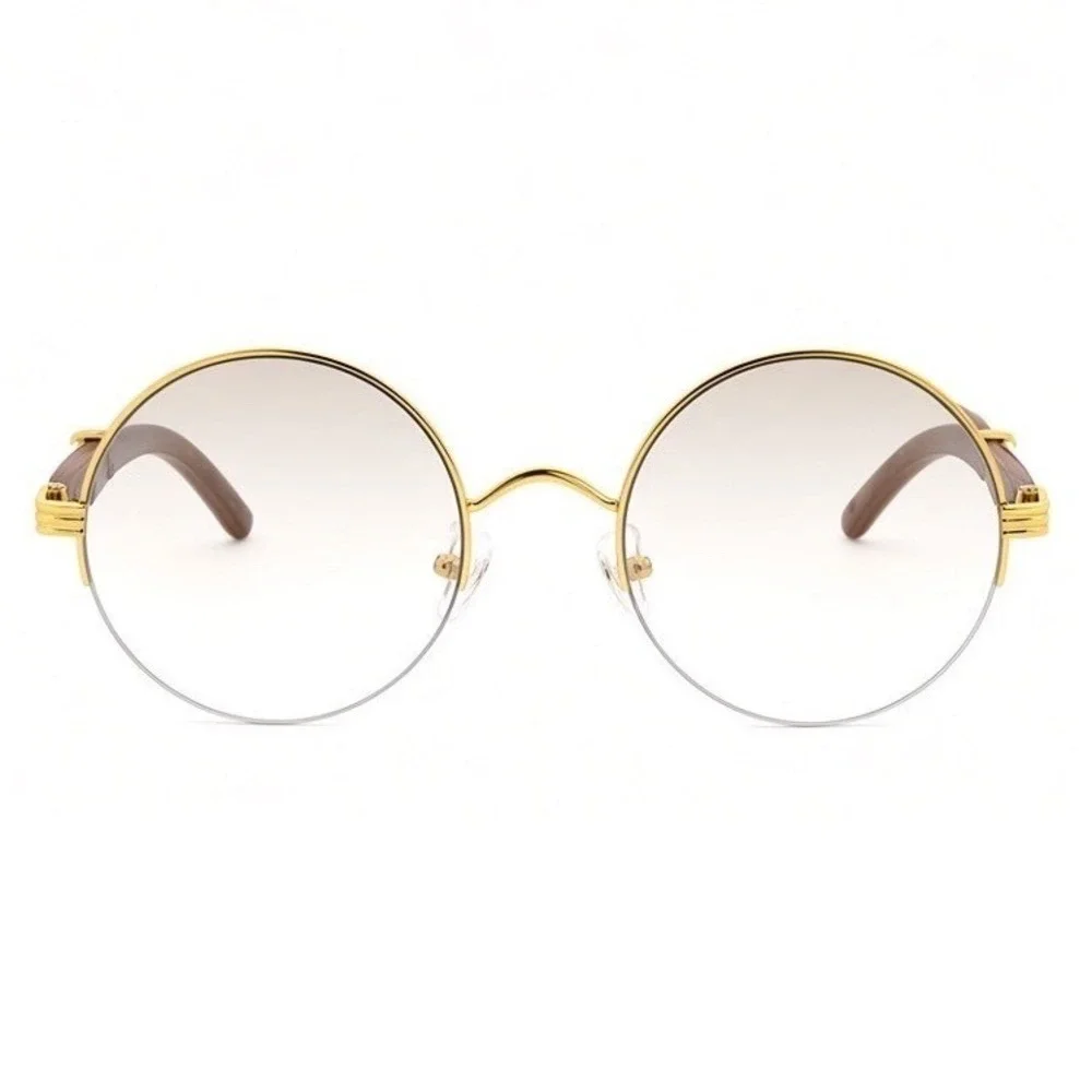 Women Round Sunglasses Gold Frame Wood Temple Vintage Style Clear Lens Festival